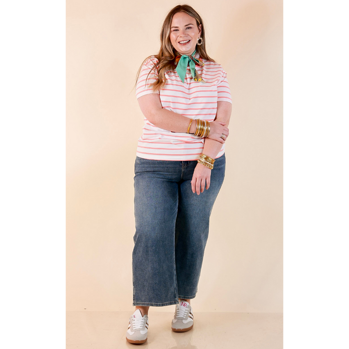 The Daily Stripe Scoop Neck Short Sleeve Striped Tee Top in Coral Orange