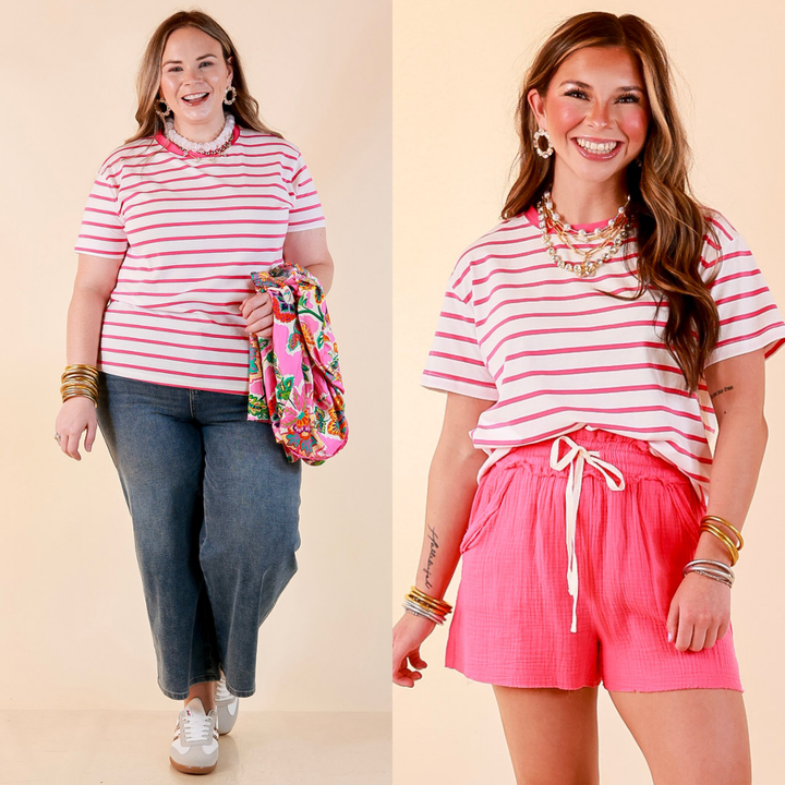 The Daily Stripe Scoop Neck Short Sleeve Striped Tee Top in Hot Pink