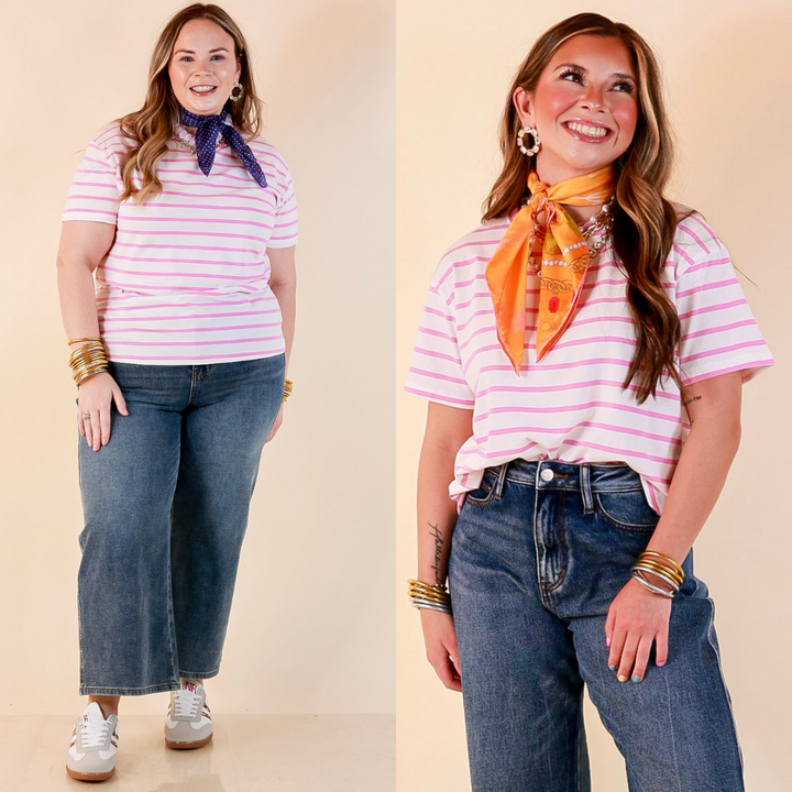 The Daily Stripe Scoop Neck Short Sleeve Striped Tee Top in Lilac Pink