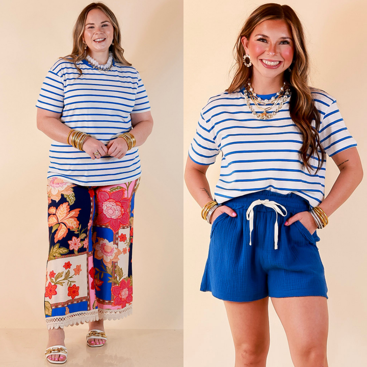 The Daily Stripe Scoop Neck Short Sleeve Striped Tee Top in Ocean Blue