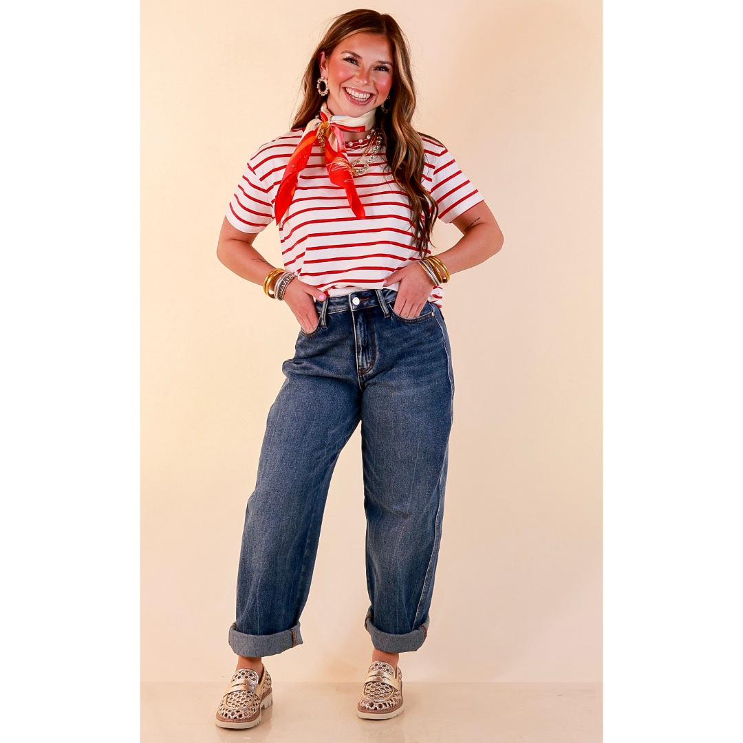 The Daily Stripe Scoop Neck Short Sleeve Striped Tee Top in Red
