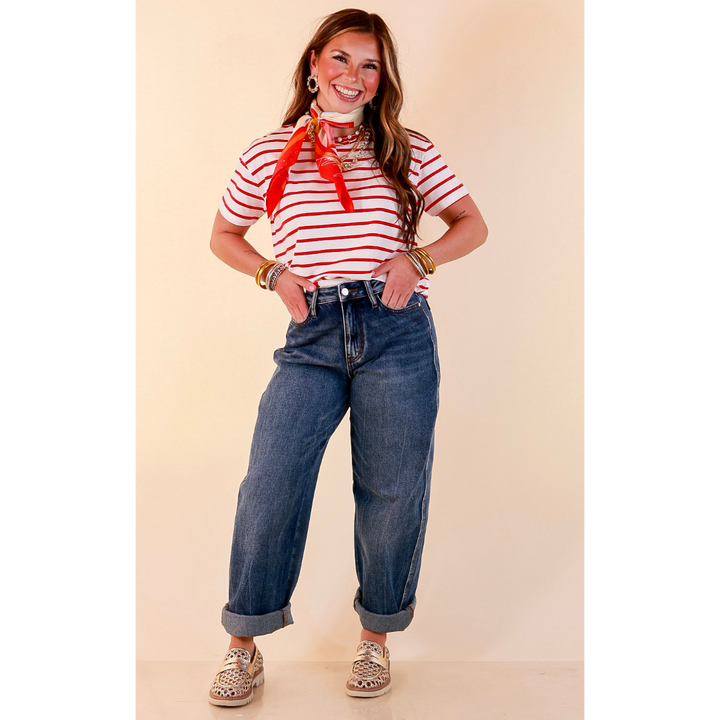 The Daily Stripe Scoop Neck Short Sleeve Striped Tee Top in Red