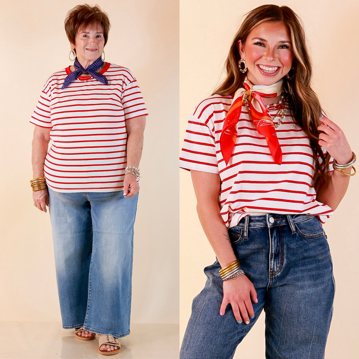 The Daily Stripe Scoop Neck Short Sleeve Striped Tee Top in Red