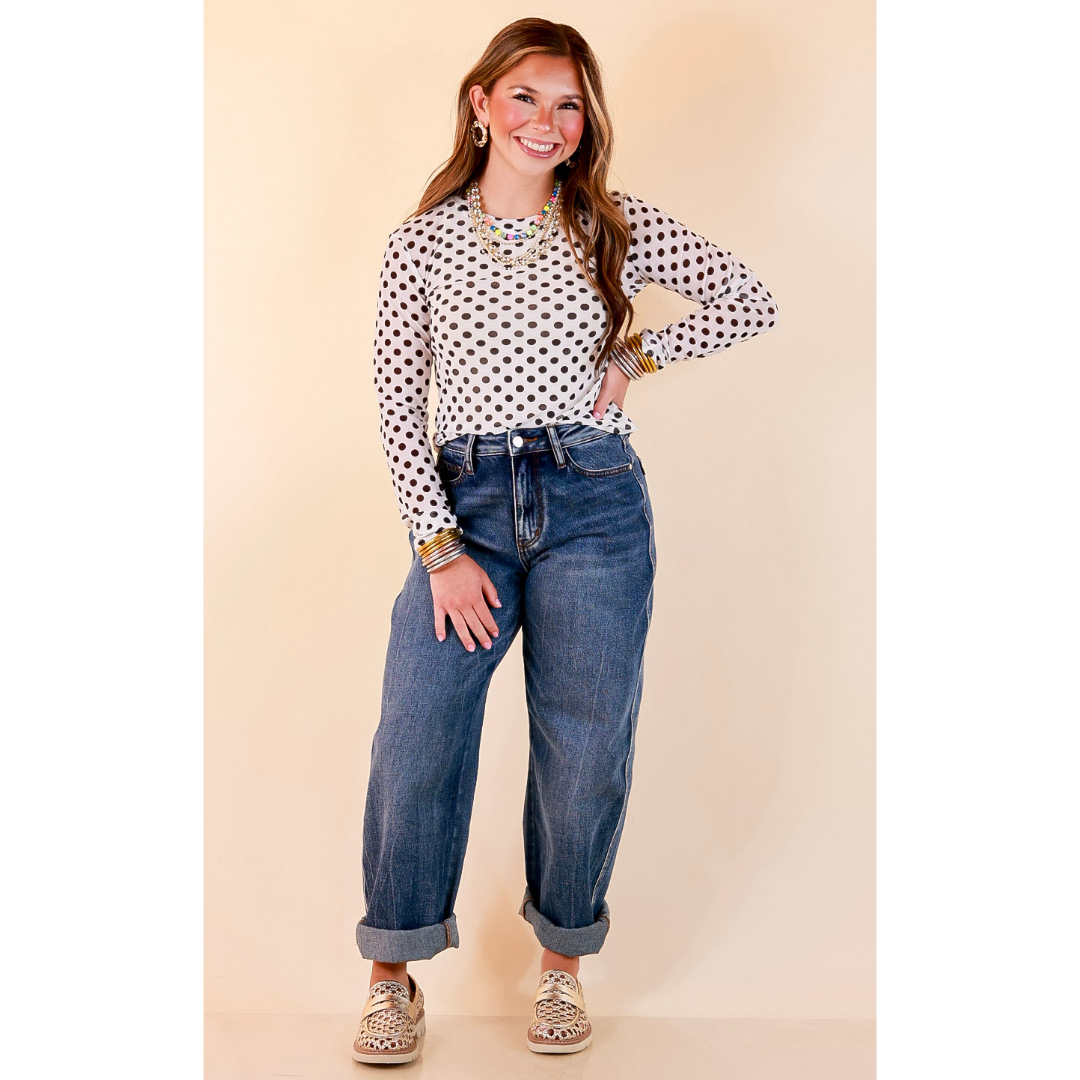 The Essential Layer Black Polka Dot Print Sheer Mesh Long Sleeve Top in White