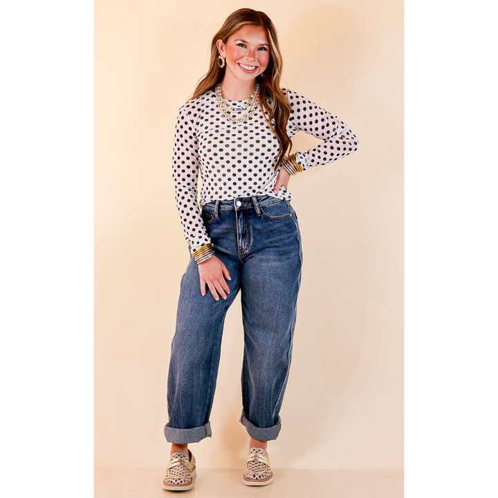 The Essential Layer Black Polka Dot Print Sheer Mesh Long Sleeve Top in White