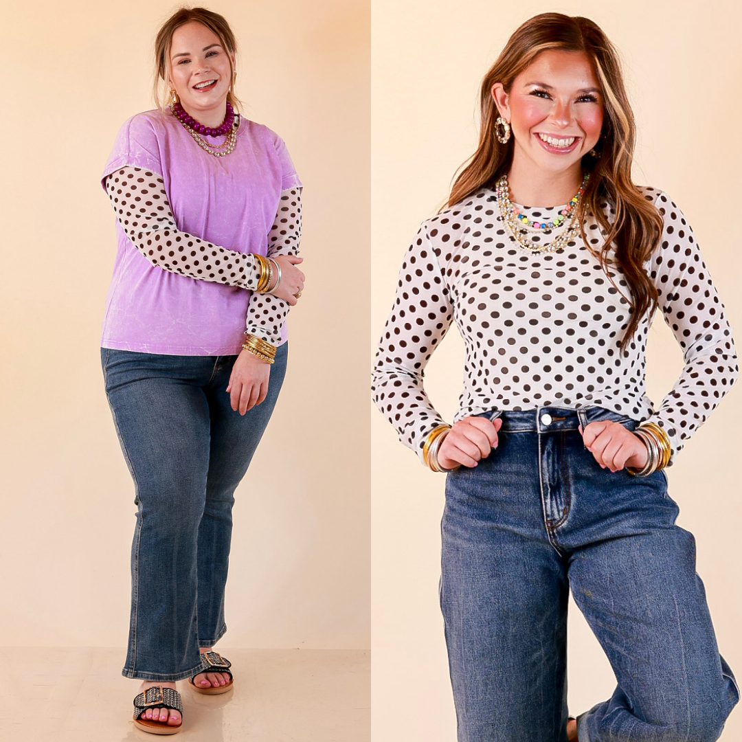 The Essential Layer Black Polka Dot Print Sheer Mesh Long Sleeve Top in White