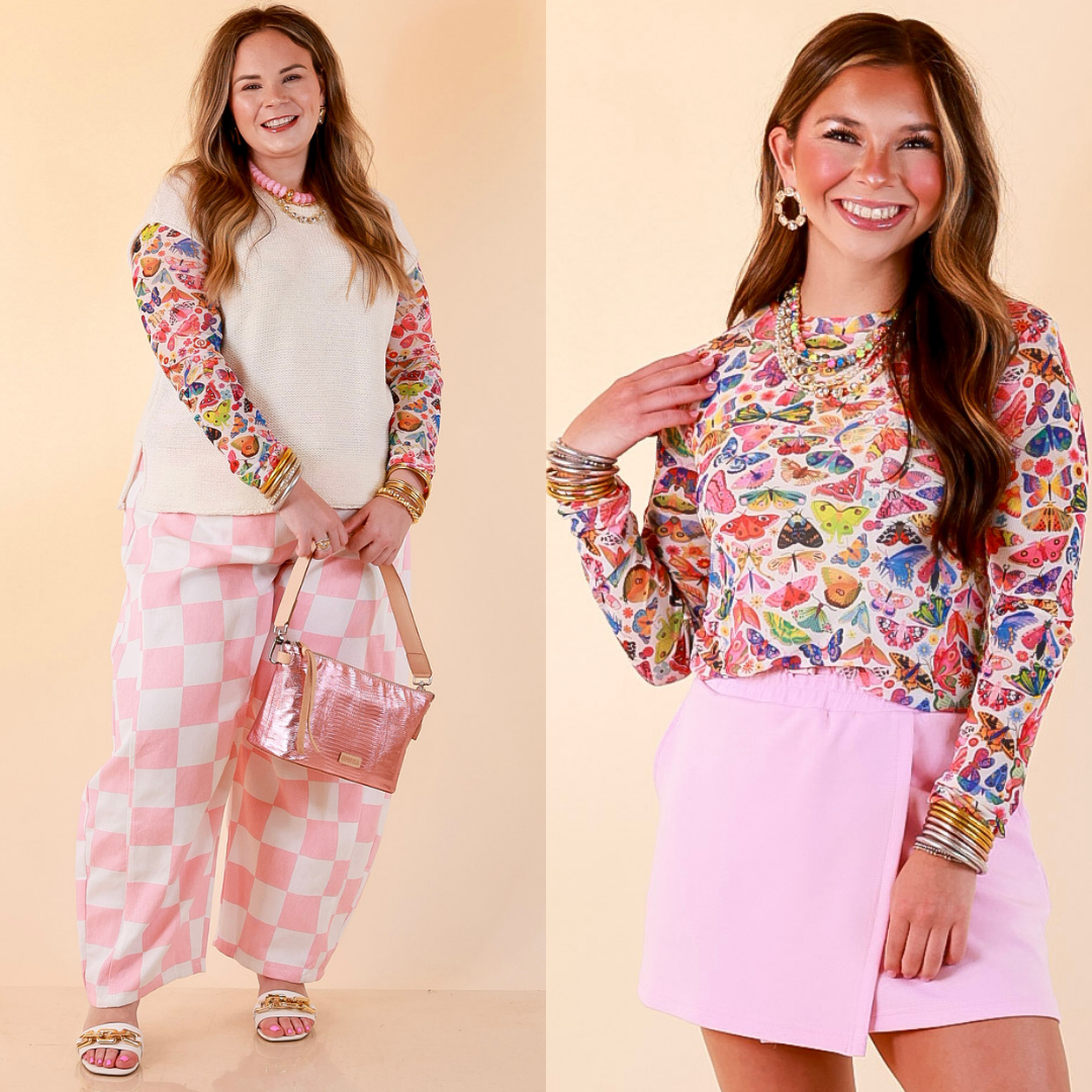 The Essential Layer Butterfly Print Sheer Mesh Long Sleeve Top in Multicolor