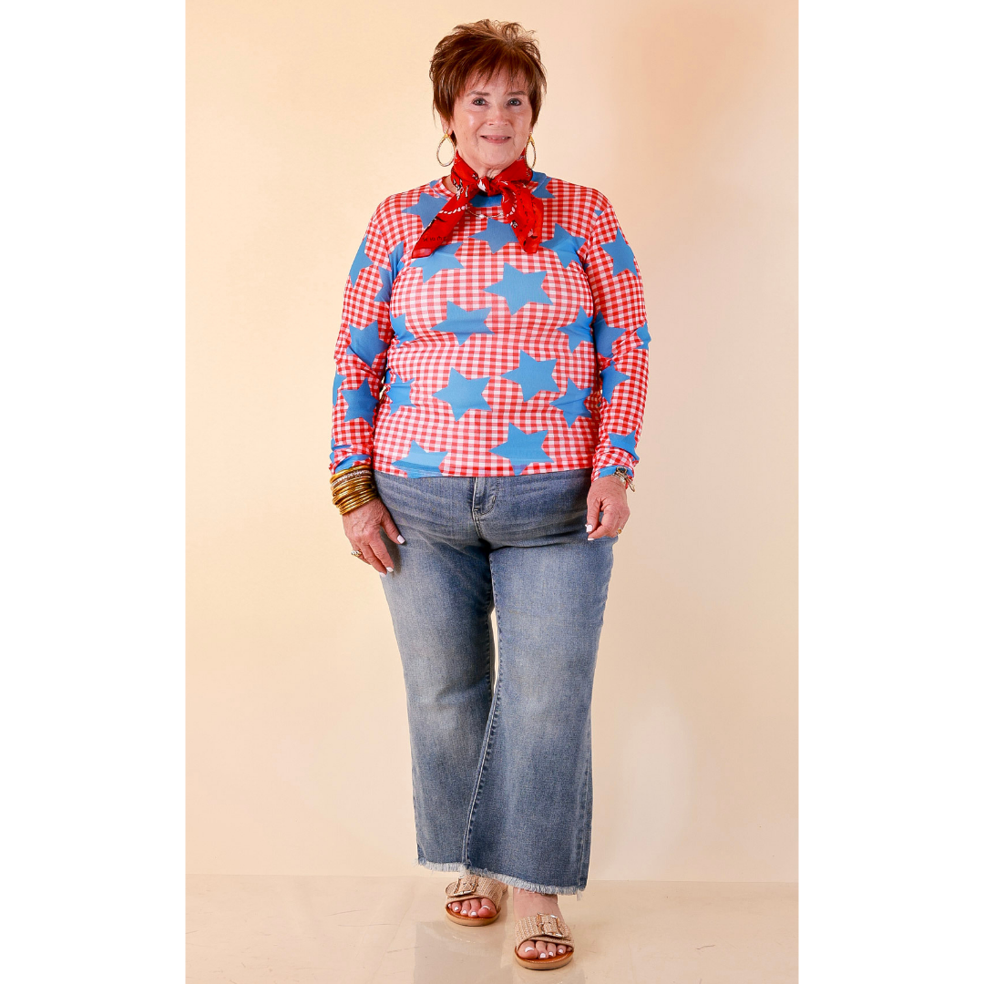 The Essential Layer Gingham and Star Print Sheer Mesh Long Sleeve Top in Red, White and Blue