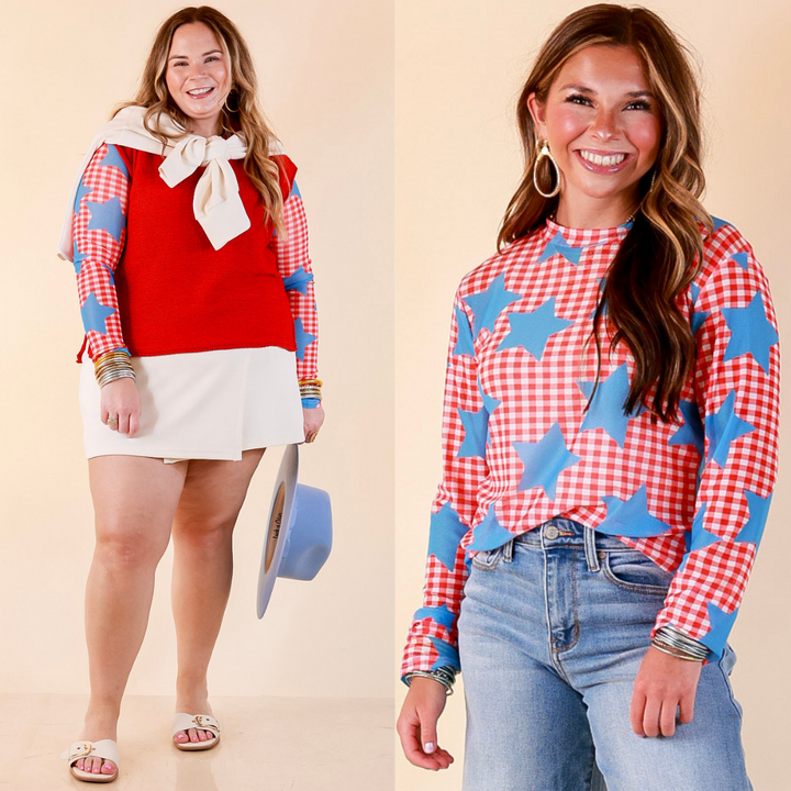 The Essential Layer Gingham and Star Print Sheer Mesh Long Sleeve Top in Red, White and Blue