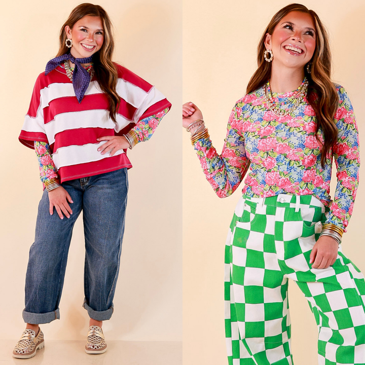 The Essential Layer Hydrangea Floral Print Sheer Mesh Long Sleeve Top in Pink, Blue and Green
