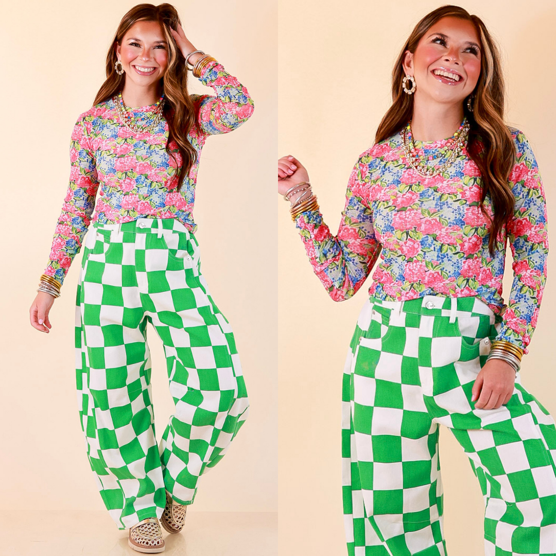 The Essential Layer Hydrangea Floral Print Sheer Mesh Long Sleeve Top in Pink, Blue and Green