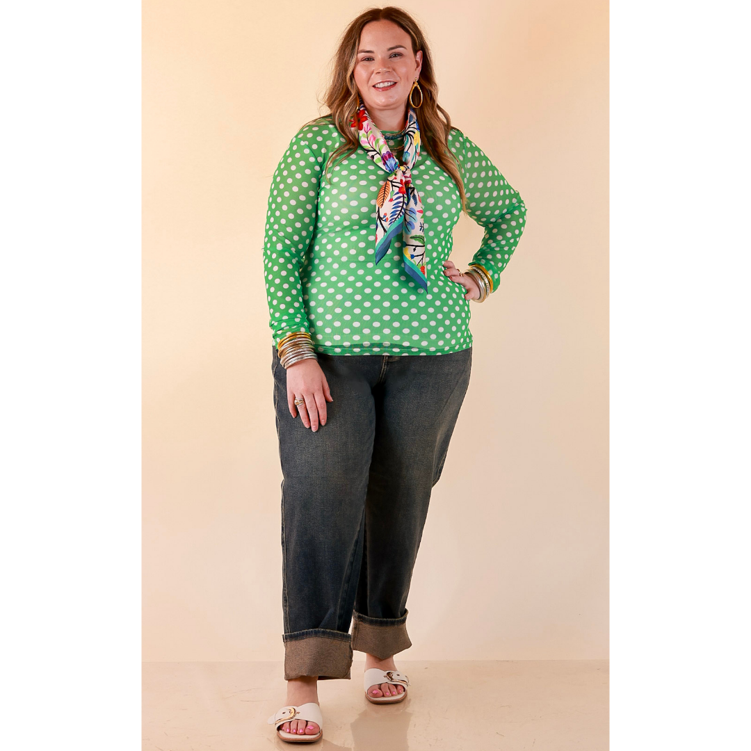 The Essential Layer Polka Dot Print Sheer Mesh Long Sleeve Top in Kelly Green