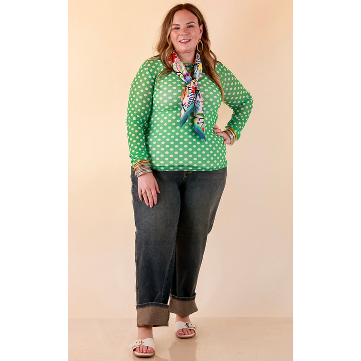 The Essential Layer Polka Dot Print Sheer Mesh Long Sleeve Top in Kelly Green