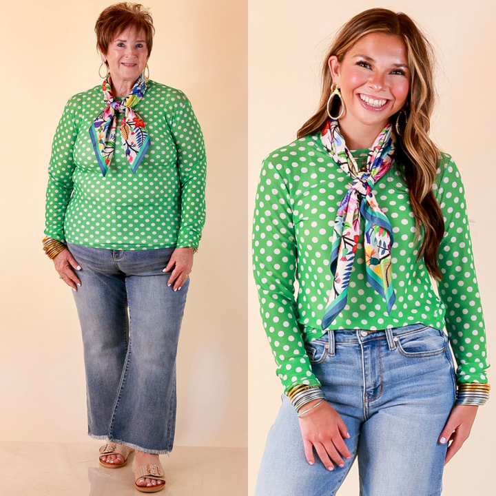 The Essential Layer Polka Dot Print Sheer Mesh Long Sleeve Top in Kelly Green
