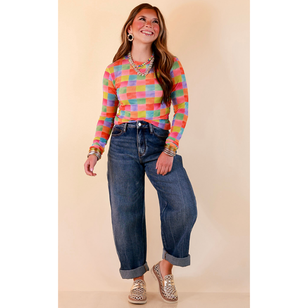 The Essential Layer Watercolor Checkered Print Sheer Mesh Long Sleeve Top in Multicolor
