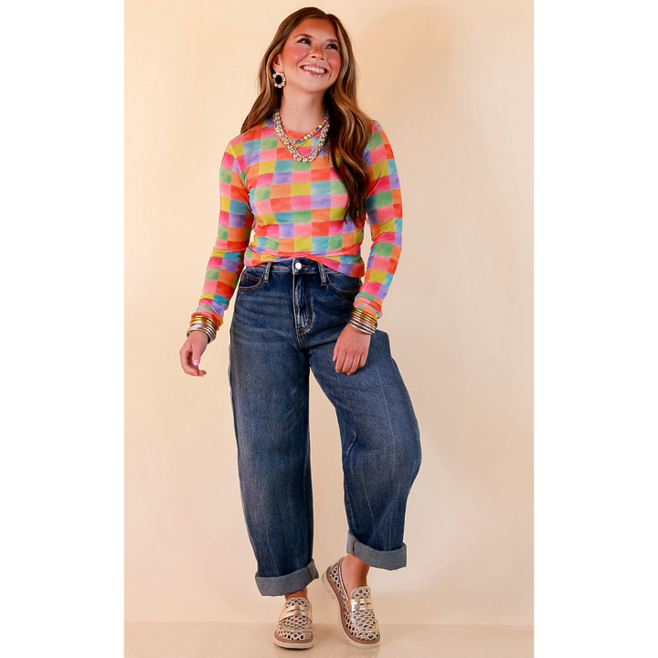 The Essential Layer Watercolor Checkered Print Sheer Mesh Long Sleeve Top in Multicolor
