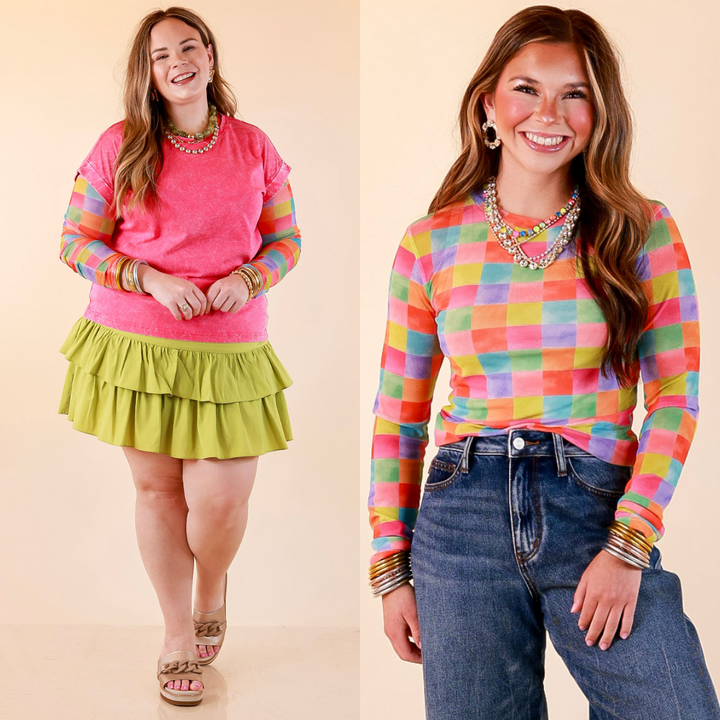 The Essential Layer Watercolor Checkered Print Sheer Mesh Long Sleeve Top in Multicolor