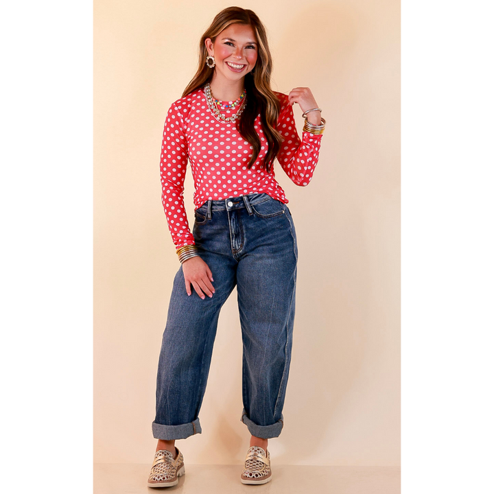 The Essential Layer White Polka Dot Print Sheer Mesh Long Sleeve Top in Hot Pink