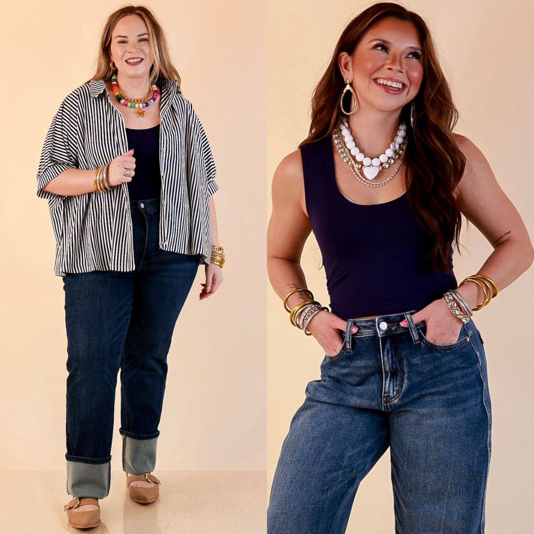 The Everyday Tank Scoop Neck Sleeveless Seamless Crop Tank Top with Built in Bra in Navy Blue