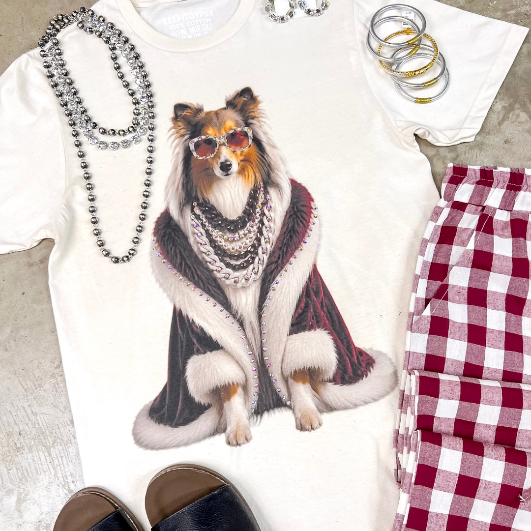 The First Lady Glam Collie Printed Short Sleeve Graphic Tee with Crystals in Cream