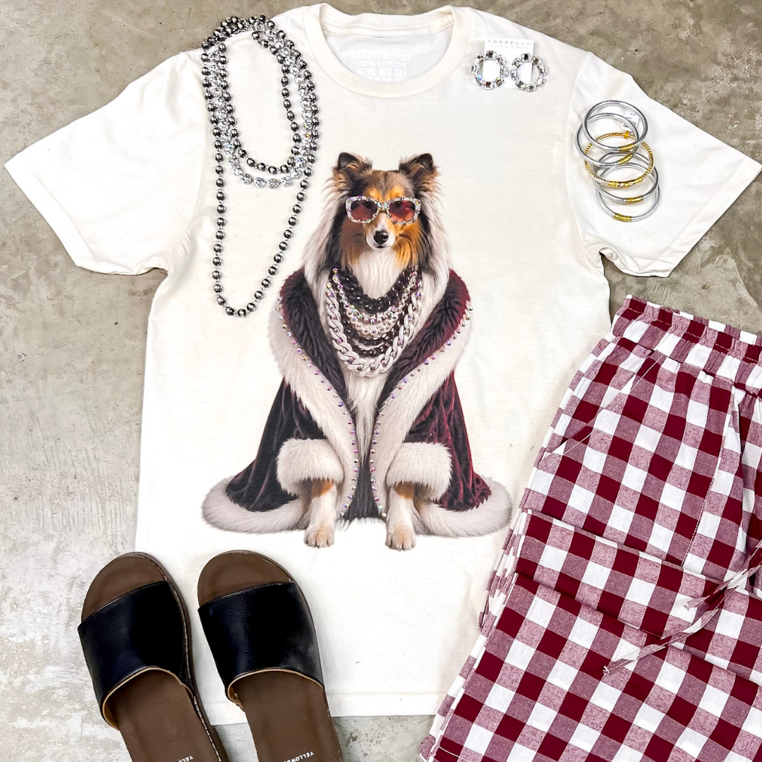 The First Lady Glam Collie Printed Short Sleeve Graphic Tee with Crystals in Cream