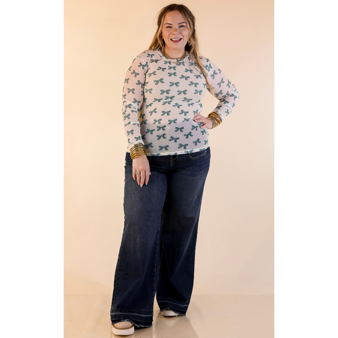 The Perfect Layer Bow Print Mesh Long Sleeve Top in Ivory and Green