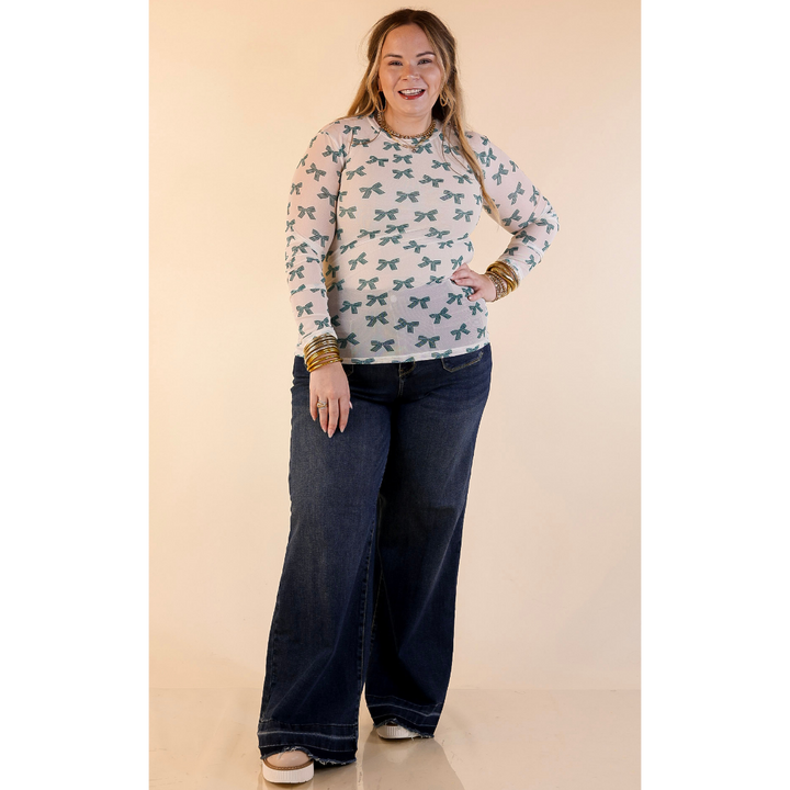 The Perfect Layer Bow Print Mesh Long Sleeve Top in Ivory and Green