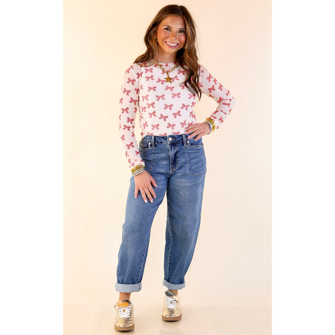 The Perfect Layer Bow Print Mesh Long Sleeve Top in Ivory and Red