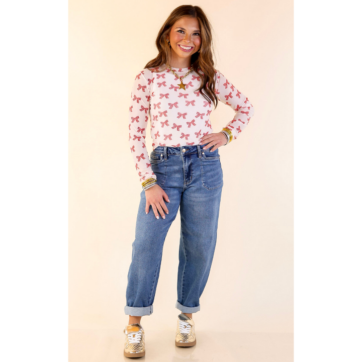 The Perfect Layer Bow Print Mesh Long Sleeve Top in Ivory and Red