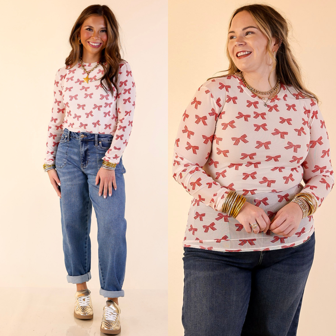 models are wearing Bow Print Mesh Long Sleeve Top in Ivory and Red on a beige background