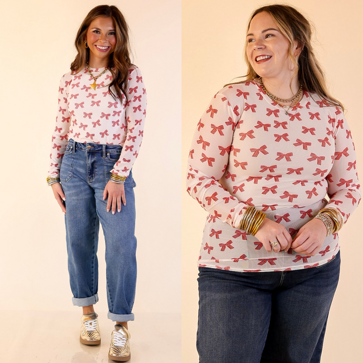 models are wearing Bow Print Mesh Long Sleeve Top in Ivory and Red on a beige background