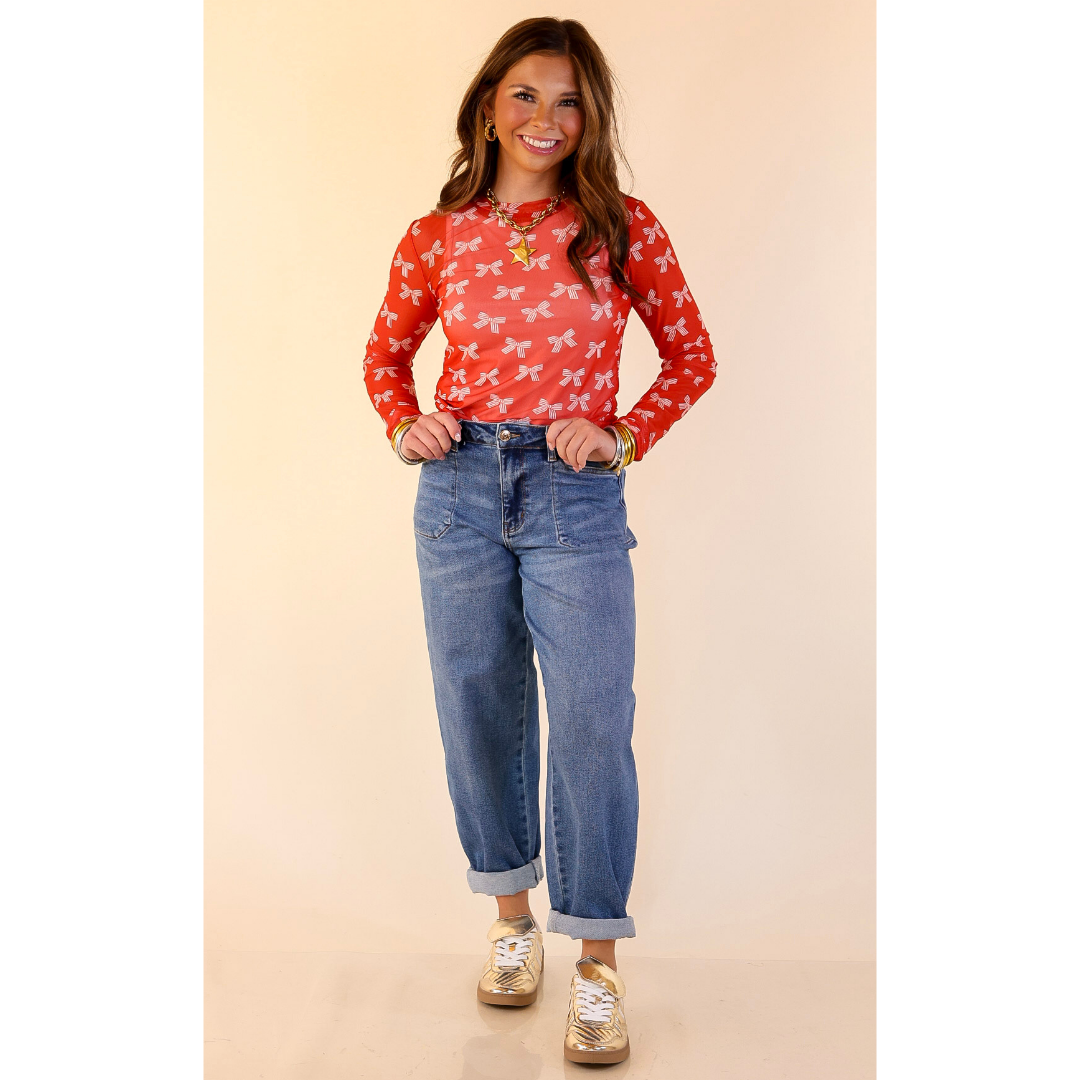 The Perfect Layer Bow Print Mesh Long Sleeve Top in Red and Ivory