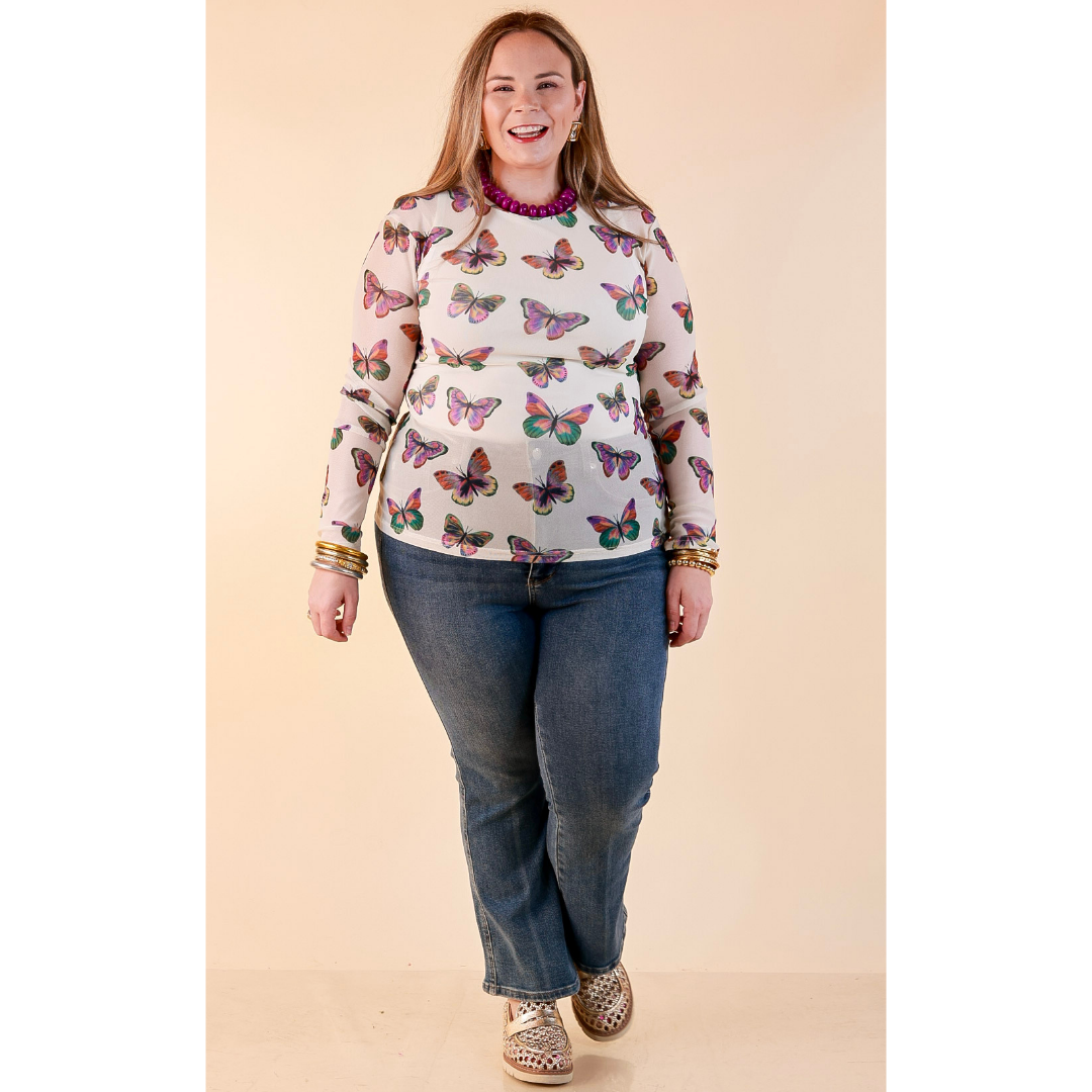 The Perfect Layer Butterfly Print Sheer Mesh Long Sleeve Top in Cream and Gemstone Colors