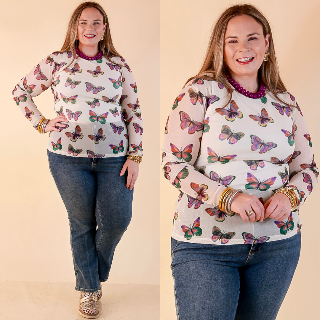 The Perfect Layer Butterfly Print Sheer Mesh Long Sleeve Top in Cream and Gemstone Colors