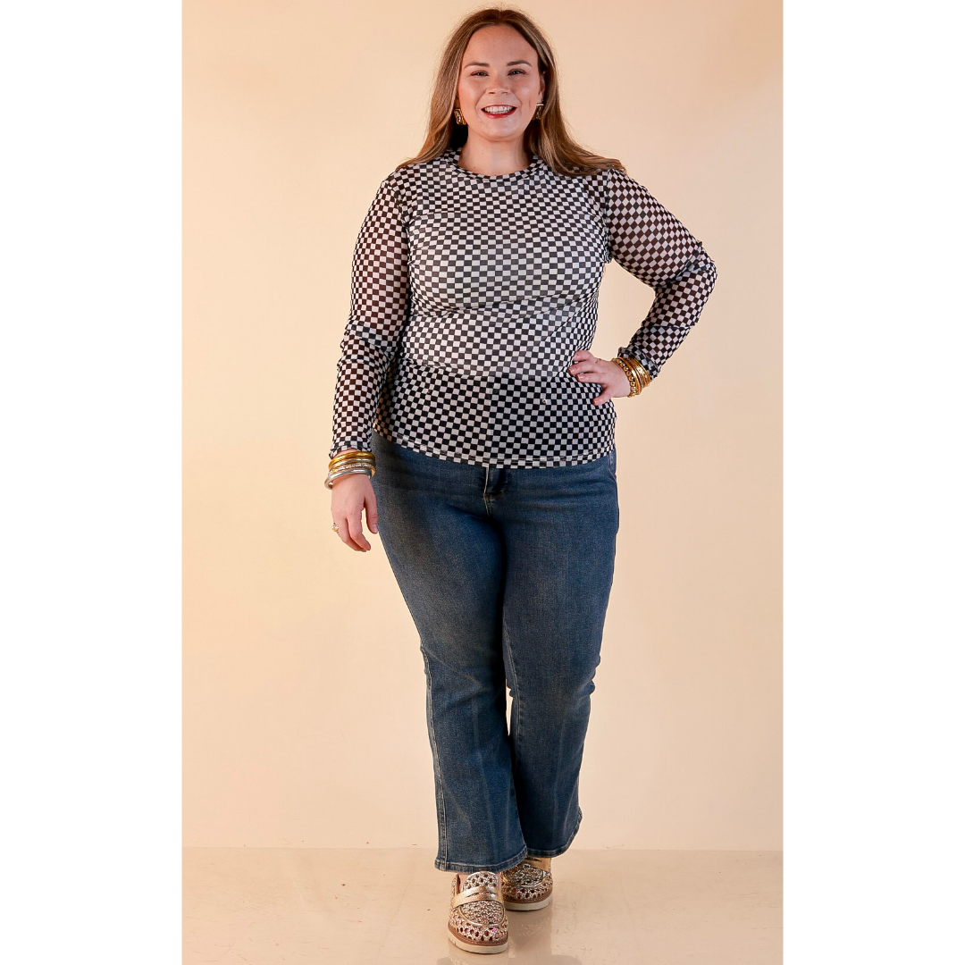 The Perfect Layer Checkered Print Sheer Mesh Long Sleeve Top in Black and White