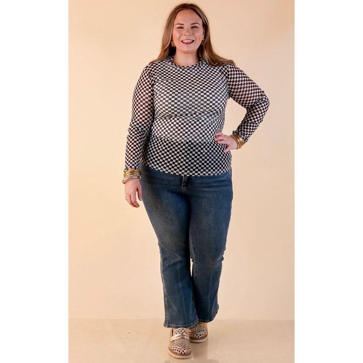 The Perfect Layer Checkered Print Sheer Mesh Long Sleeve Top in Black and White