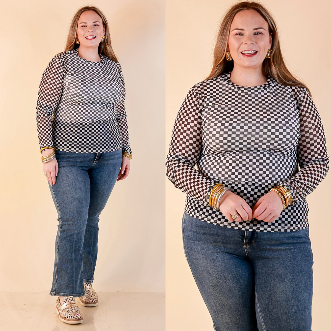 The Perfect Layer Checkered Print Sheer Mesh Long Sleeve Top in Black and White