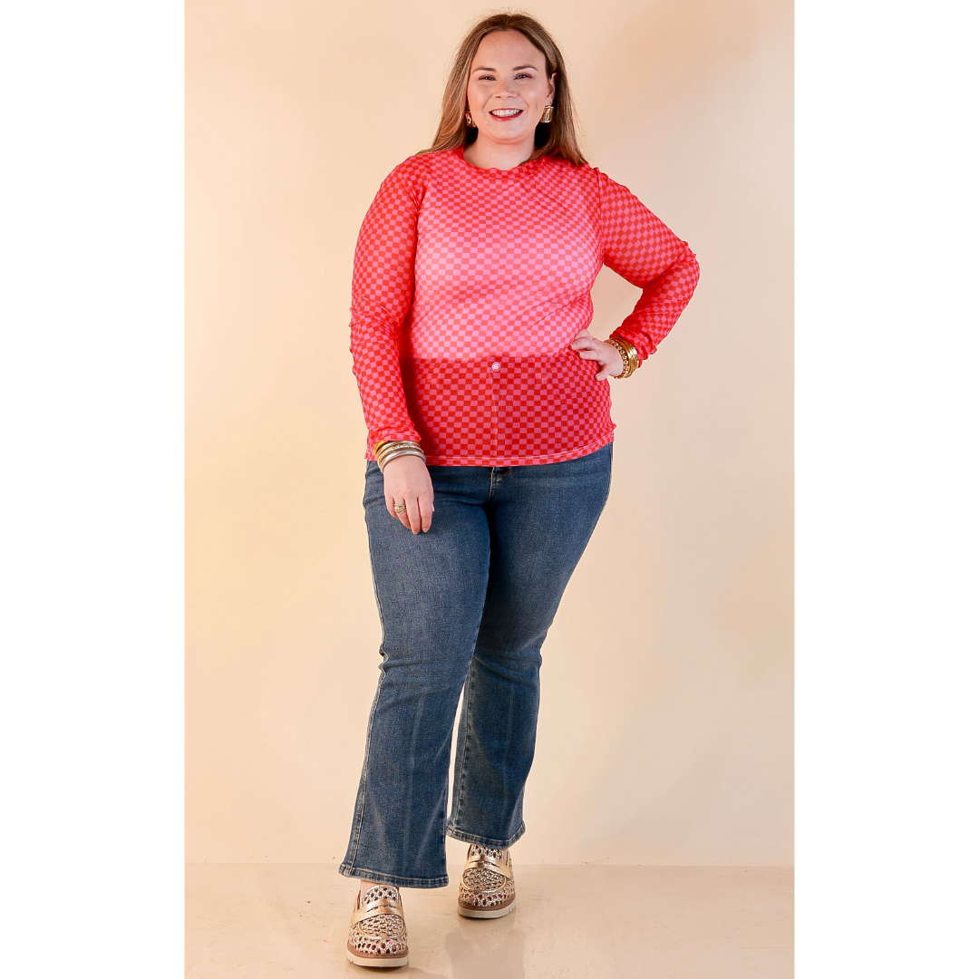 The Perfect Layer Checkered Print Sheer Mesh Long Sleeve Top in Red and Pink