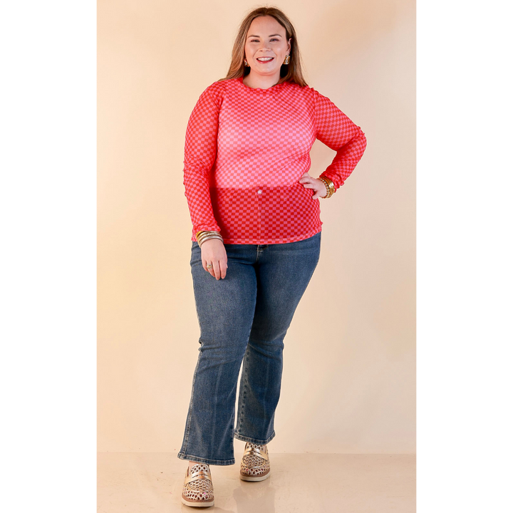 The Perfect Layer Checkered Print Sheer Mesh Long Sleeve Top in Red and Pink