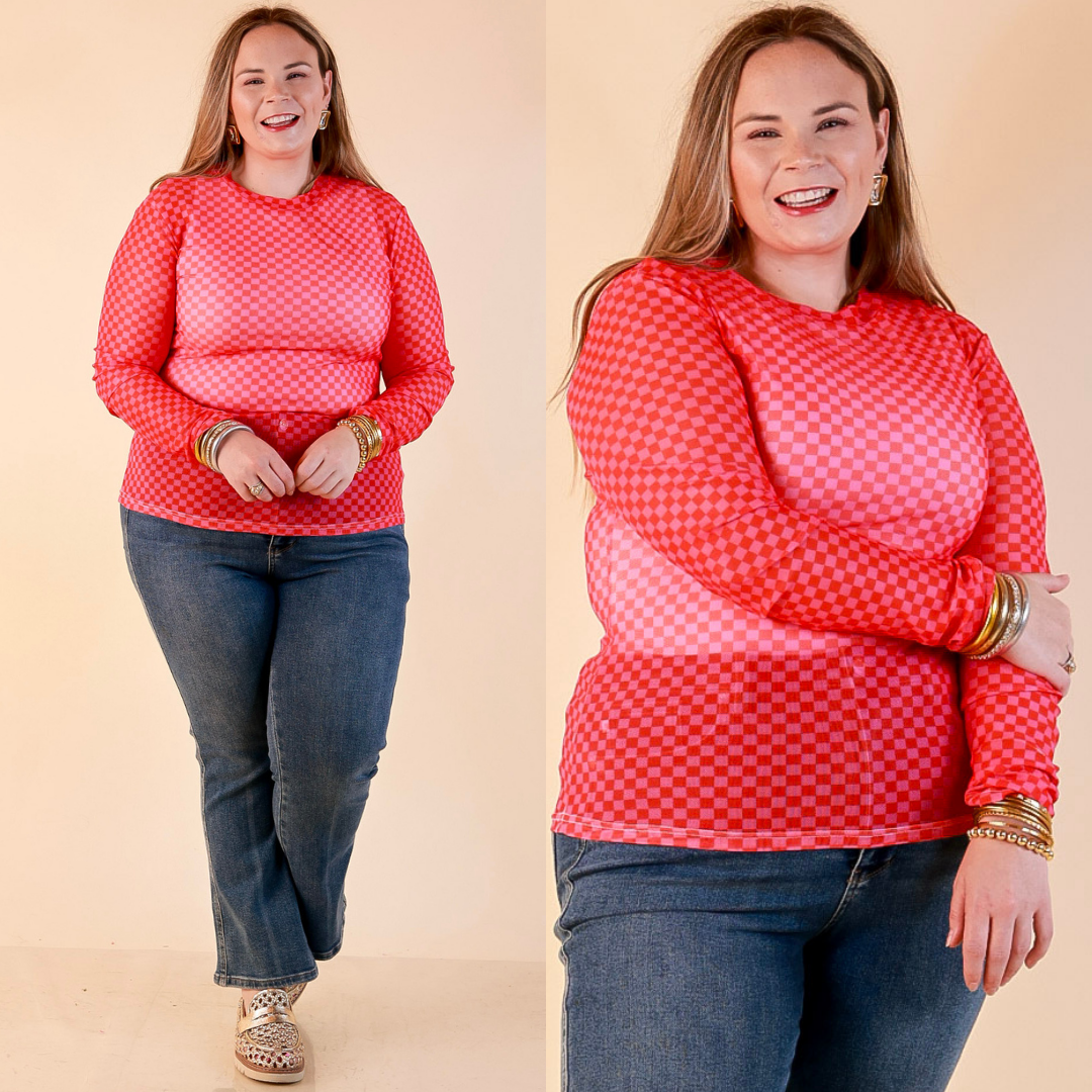 The Perfect Layer Checkered Print Sheer Mesh Long Sleeve Top in Red and Pink