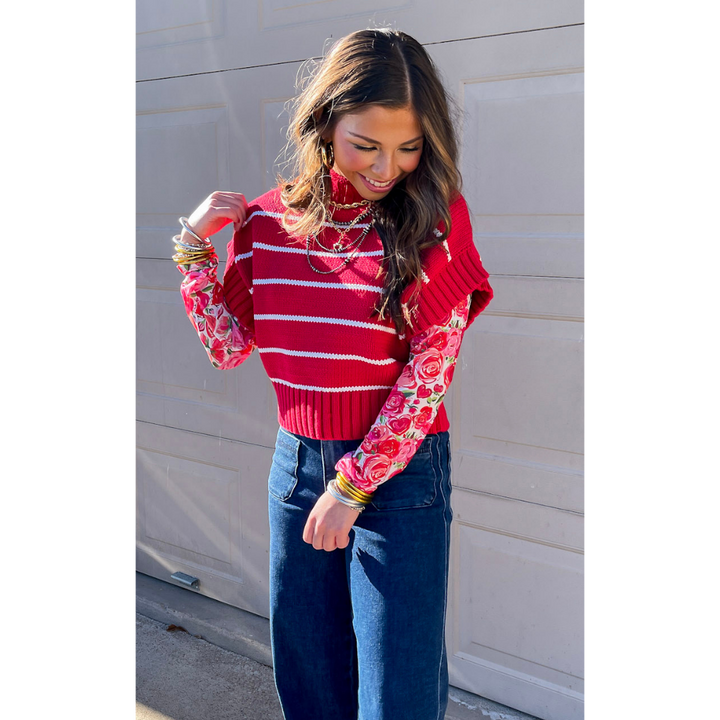 The Perfect Layer Colorful Floral and Hearts Print Mesh Long Sleeve Top in White