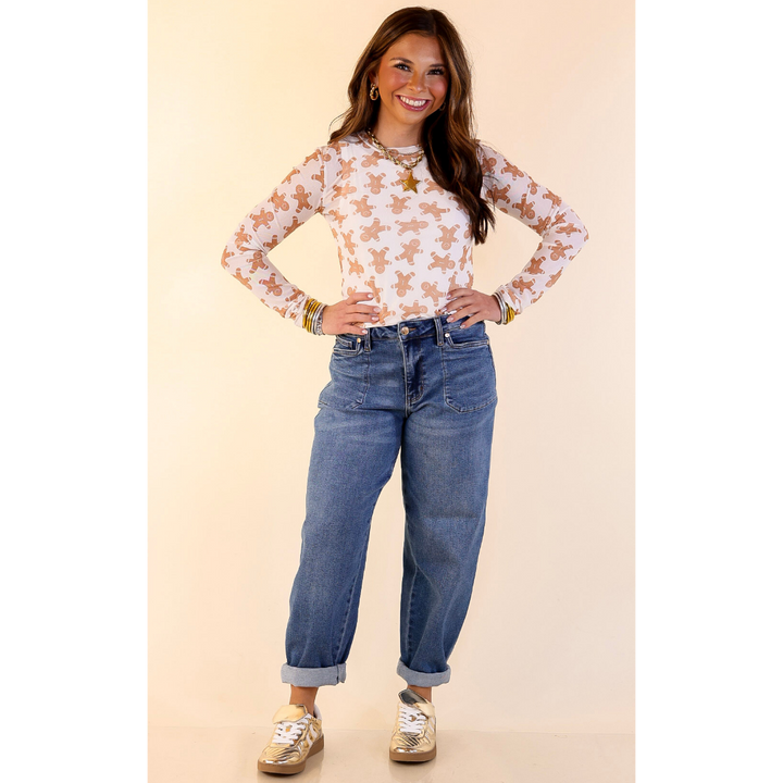 The Perfect Layer Gingerbread Print Mesh Long Sleeve Top in Ivory and Brown