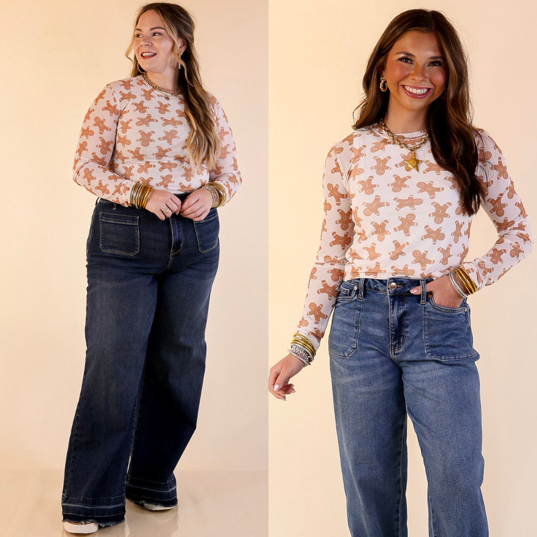 Models are wearing Gingerbread Print Mesh Long Sleeve Top in Ivory and Brown and jeans on a beige background