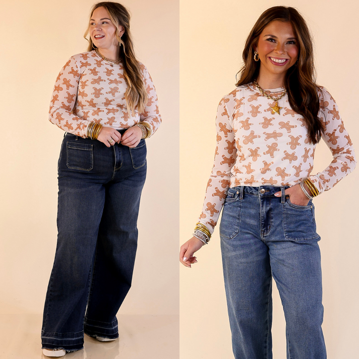 Models are wearing Gingerbread Print Mesh Long Sleeve Top in Ivory and Brown and jeans on a beige background