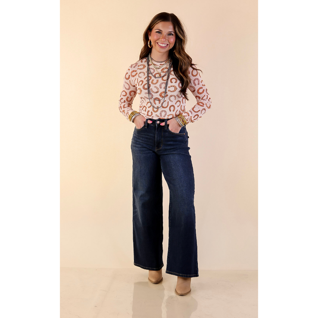 The Perfect Layer Horseshoe Print Mesh Long Sleeve Top in Cream and Brown