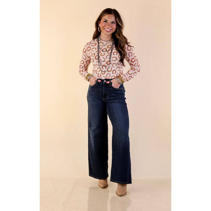 The Perfect Layer Horseshoe Print Mesh Long Sleeve Top in Cream and Brown