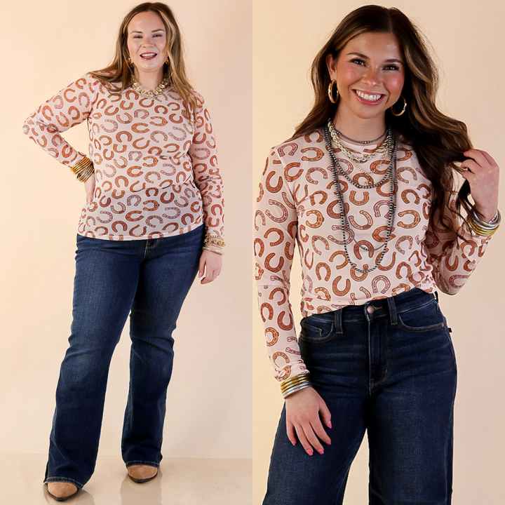 The Perfect Layer Horseshoe Print Mesh Long Sleeve Top in Cream and Brown