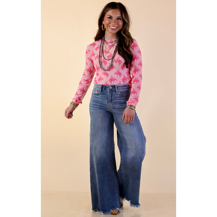 The Perfect Layer Hot Pink Bronc Print Mesh Long Sleeve Top in Pink