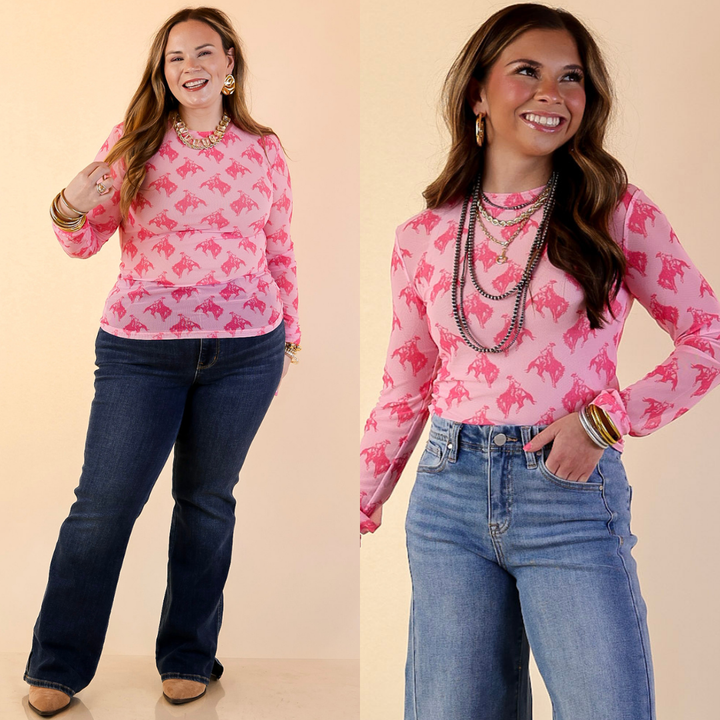 Models are wearing The Perfect Layer Mesh Long Sleeve Top in Hot Pink Bronc Print with Jeans against a beige backdrop.