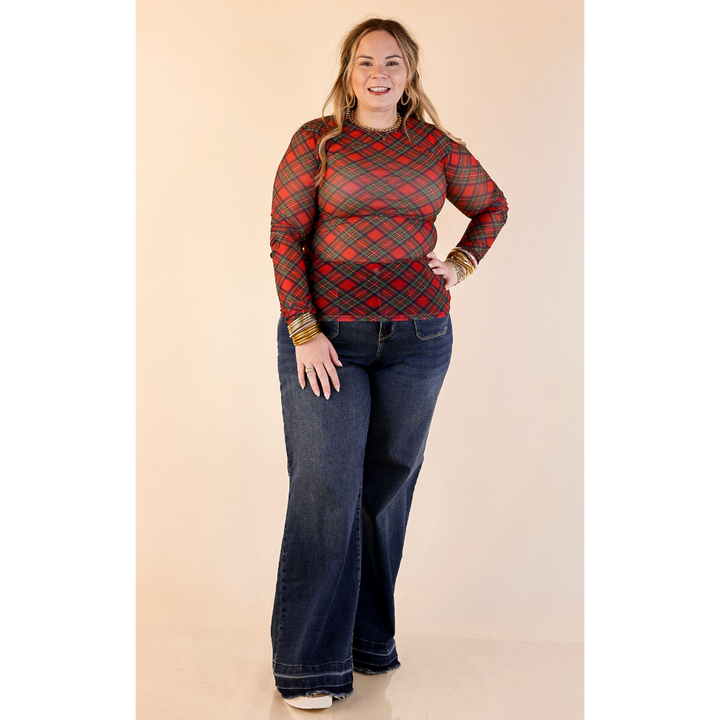 The Perfect Layer Tartan Plaid Print Mesh Long Sleeve Top in Red